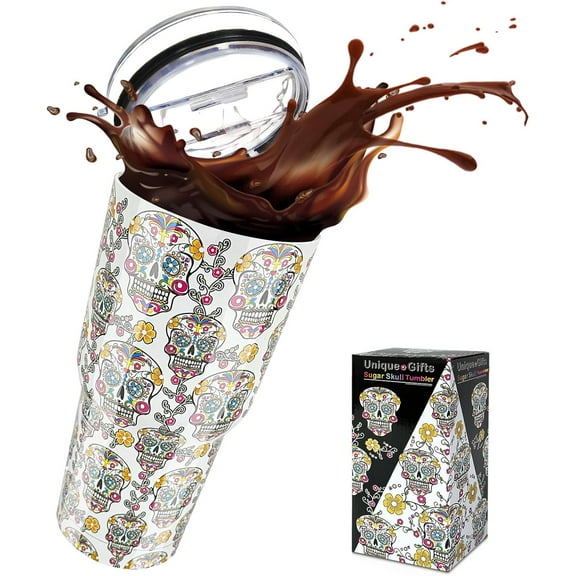 30oz Sugar Skull Vacuum Cup -  Double Wall Stainless Steel Tumbler, Insulated Travel Mug with Lid, White