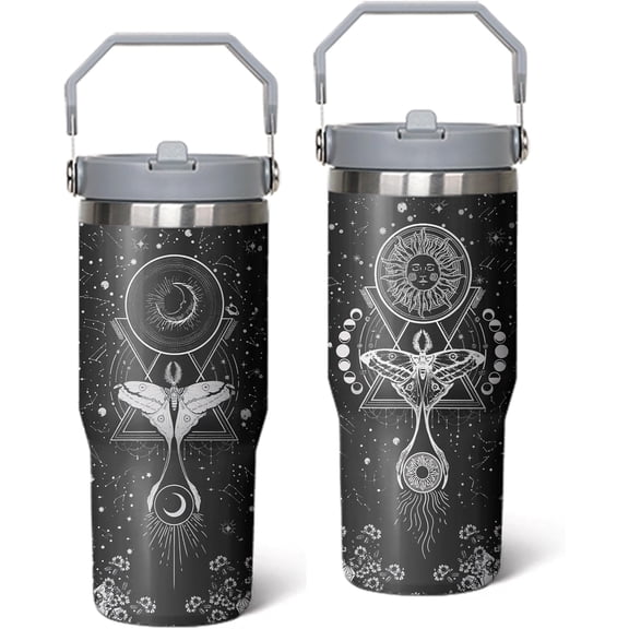30oz Sun and Moon Ghost Stainless Steel Flip Straw Tumbler Halloween Spill Proof Travel Cup Flower Vine Moth Double Wall Vacuum Insulated Coffee Mug with Top Handle, Grey-2