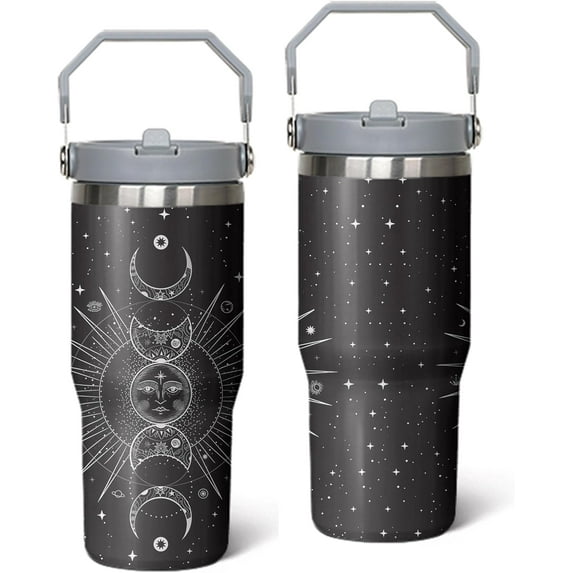 30oz Sun Moon Hanging Stars Space Ghost Stainless Steel Flip Straw Tumbler Halloween Spill Proof Travel Cup Psychedelic Double Wall Vacuum Insulated Coffee Mug with Top Handle, Grey-4