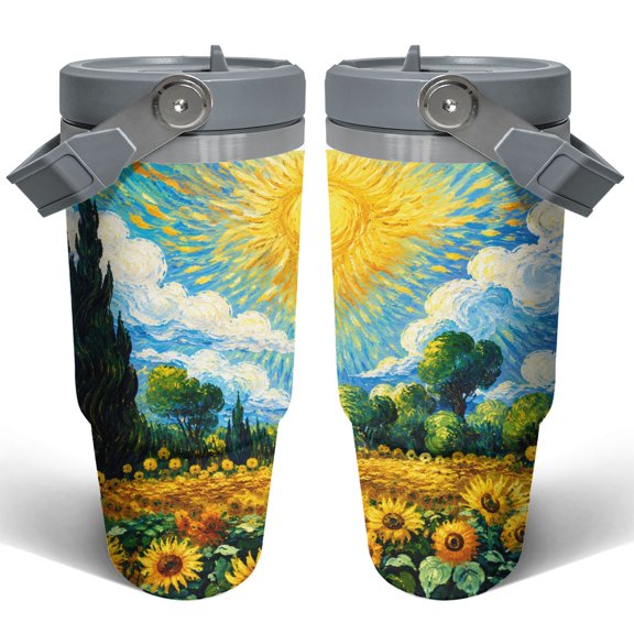 30oz Sunflower Landscape Tumbler Insulated Car Cup Artistic Oil Painting Travel Coffee Cup Gift for Women
