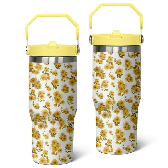 30oz Sunflower Stainless Steel Tumbler with Top Handle,Cute Floral Travel Coffee Mug Flip Straw Cup,Gifts for Women Girls Men Adults(light-yellow)