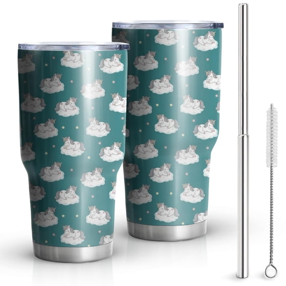 30oz Teal Cartoon Unicorn Cloud Pattern Tumblers Stainless Steel Tumbler with Lid and Straw,Vacuum Insulated Double Wall Travel Tumbler Cups Mug with Cleaning Brush for Coffee,Tea