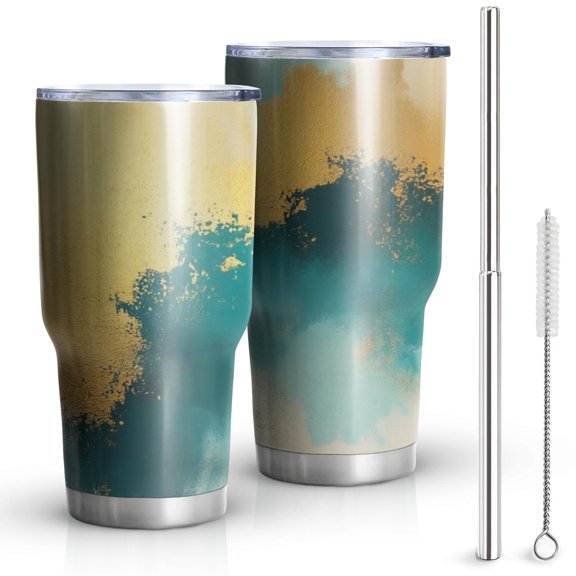 30oz Teal and Gold Marble Abstract Waves Pattern Tumblers Stainless Steel Tumbler with Lid and Straw,Vacuum Insulated Double Wall Travel Tumbler Cups Mug with Cleaning Brush for Coffee,Tea