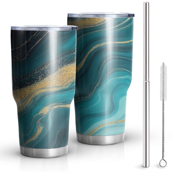 30oz Teal Gold Wave Marble Pattern Tumblers Stainless Steel Tumbler with Lid and Straw,Vacuum Insulated Double Wall Travel Tumbler Cups Mug with Cleaning Brush for Coffee,Tea