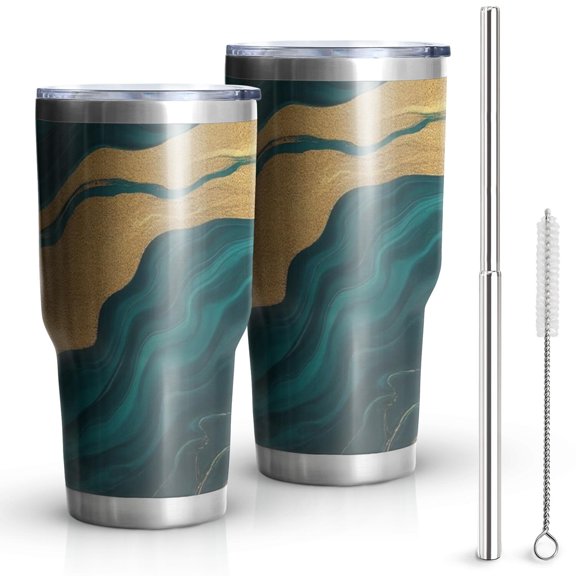 30oz Teal Marble Gold Line Pattern Tumblers Stainless Steel Tumbler with Lid and Straw,Vacuum Insulated Double Wall Travel Tumbler Cups Mug with Cleaning Brush for Coffee,Tea