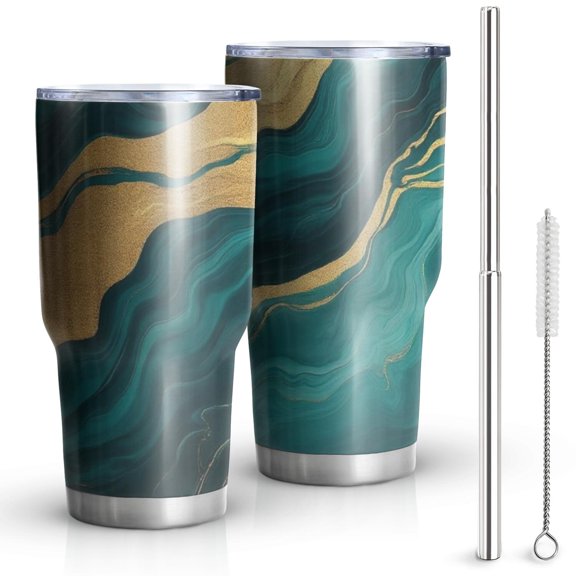 30oz Teal Marble Gold Line Pattern Tumblers Stainless Steel Tumbler with Lid and Straw,Vacuum Insulated Double Wall Travel Tumbler Cups Mug with Cleaning Brush for Coffee,Tea