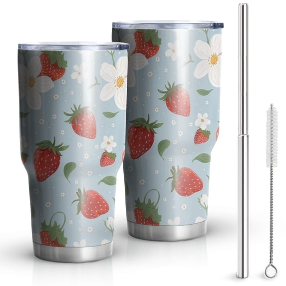 30oz Trawberry Plants Fruit Flower Leaf Tumblers Stainless Steel Tumbler with Lid and Straw,Vacuum Insulated Double Wall Travel Tumbler Cups Mug with Cleaning Brush for Coffee,Tea