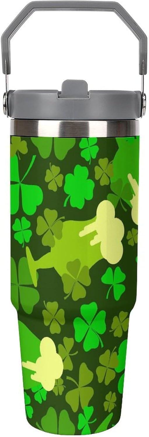 30oz Tumbler with Handle Travel Mug Straw with Lid,Clover Glasses Beer Insulated Stainless Steel,Leak Proof,Cupholder Friendly Water Iced Tea Coffee Gift