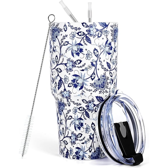 30oz Tumbler, Stainless Steel Insulated Travel Tumbler with Lid and Straw, Double Wall Vacuum Insulated Coffee Tumbler Mug for Women, Thermal Cup for Home Outdoor, Blue and White Porcelain