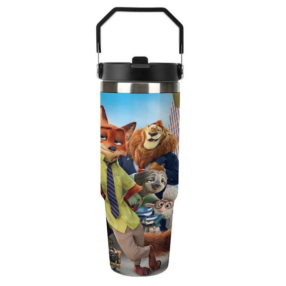 30oz Tumbler with Handle And Flip Straw Lid Zootopia Stainless Steel Bottle Double Wall Insulated Travel Coffee Mug