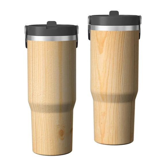 30oz Tumbler with Handle, Insulated Stainless Steel Cup with Flip Straw Lid, Leak-Proof & Cup Holder Friendly for Travel and Sports ,Wood Print
