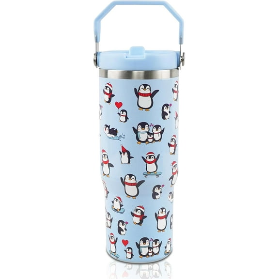 30oz Tumbler with Handle and Flip Straw, Insulated Leak Proof Travel Coffee Mug Reusable Stainless Steel Tumbler (blue)