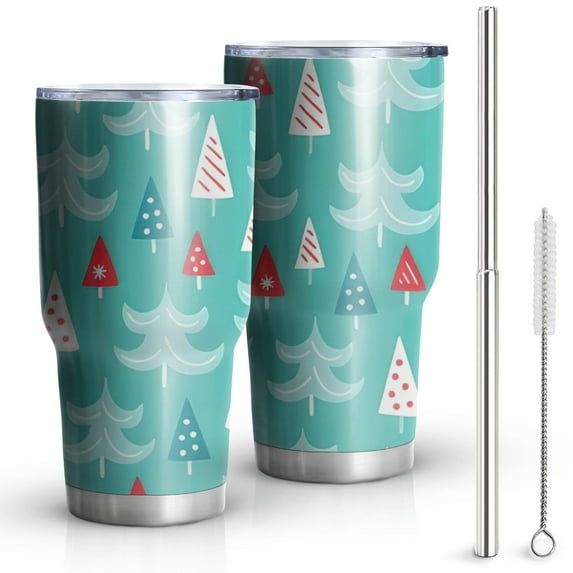30oz Turquoise Christmas Tree Pattern Tumblers Stainless Steel Tumbler with Lid and Straw,Vacuum Insulated Double Wall Travel Tumbler Cups Mug with Cleaning Brush for Coffee,Tea