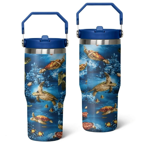 30oz Turtle Stainless Steel Tumbler with Top Handle,Cute Ocean Life Travel Coffee Mug Flip Straw Cup,Gifts for Women Girls Men Adults(blue)