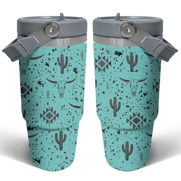 30oz Western Boho Tumbler with Handle and Straw Turquoise Cow Skull Cactus Stainless Steel Insulated Travel Coffee Cup Gift