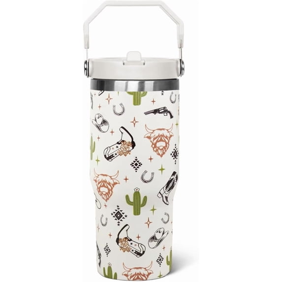 30oz Western Flip Tumbler with Handle lid and Straw,Cow Skull CoffeeTravel Mug Cup Water Botter,Western Stuff Decor Accessories