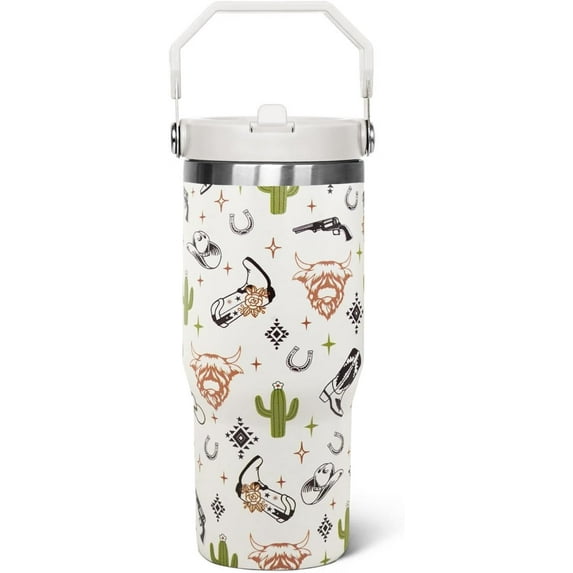 30oz Western Flip Tumbler with Handle lid and Straw,Cow Skull CoffeeTravel Mug Cup Water Botter,Western Stuff Decor Accessories