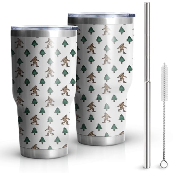 30oz White Bigfoot and Pine Tree Pattern Tumblers Stainless Steel Tumbler with Lid and Straw,Vacuum Insulated Double Wall Travel Tumbler Cups Mug with Cleaning Brush for Coffee,Tea