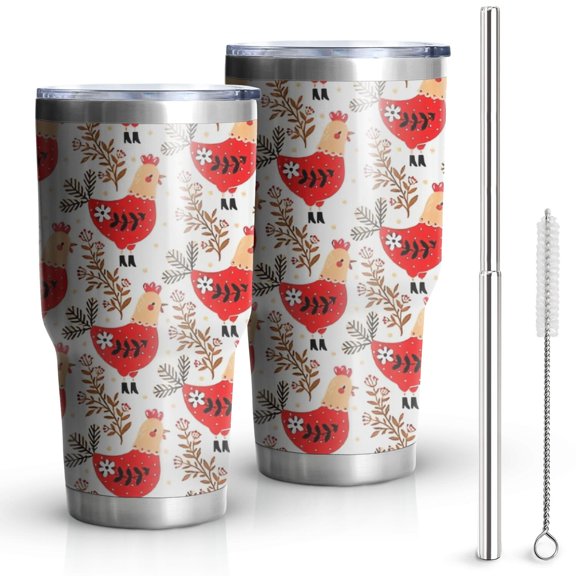 30oz White Chicken Red Chicken Pattern Tumblers Stainless Steel Tumbler with Lid and Straw,Vacuum Insulated Double Wall Travel Tumbler Cups Mug with Cleaning Brush for Coffee,Tea