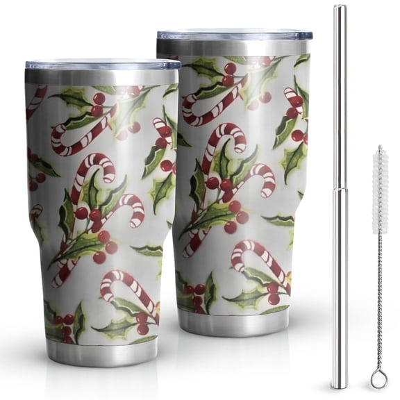 30oz White Christmas Candy Cane Pattern Tumblers Stainless Steel Tumbler with Lid and Straw,Vacuum Insulated Double Wall Travel Tumbler Cups Mug with Cleaning Brush for Coffee,Tea