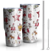 30oz White Christmas Santa and Character Pattern Tumblers Stainless Steel Tumbler with Lid and Straw,Vacuum Insulated Double Wall Travel Tumbler Cups Mug with Cleaning Brush for Coffee,Tea