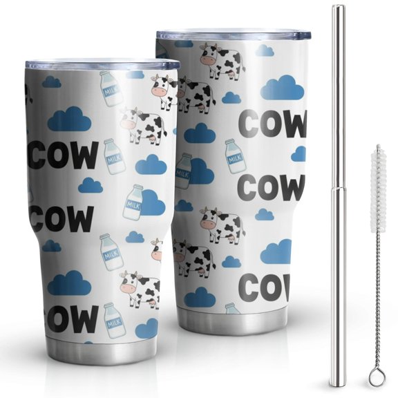 30oz White Cow Milk Cloud Pattern Tumblers Stainless Steel Tumbler with Lid and Straw,Vacuum Insulated Double Wall Travel Tumbler Cups Mug with Cleaning Brush for Coffee,Tea