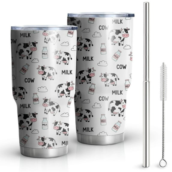 30oz White Cow Milk Cow Pattern Tumblers Stainless Steel Tumbler with Lid and Straw,Vacuum Insulated Double Wall Travel Tumbler Cups Mug with Cleaning Brush for Coffee,Tea