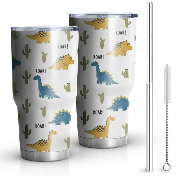 30oz White Dinosaurs Cacti ROAR Pattern Tumblers Stainless Steel Tumbler with Lid and Straw,Vacuum Insulated Double Wall Travel Tumbler Cups Mug with Cleaning Brush for Coffee,Tea