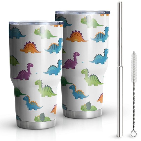 30oz White Dinosaurs Pattern Tumblers Stainless Steel Tumbler with Lid and Straw,Vacuum Insulated Double Wall Travel Tumbler Cups Mug with Cleaning Brush for Coffee,Tea