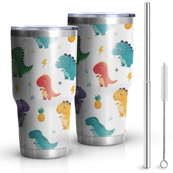 30oz White Dinosaurs Pineapples Bolts Pattern Tumblers Stainless Steel Tumbler with Lid and Straw,Vacuum Insulated Double Wall Travel Tumbler Cups Mug with Cleaning Brush for Coffee,Tea