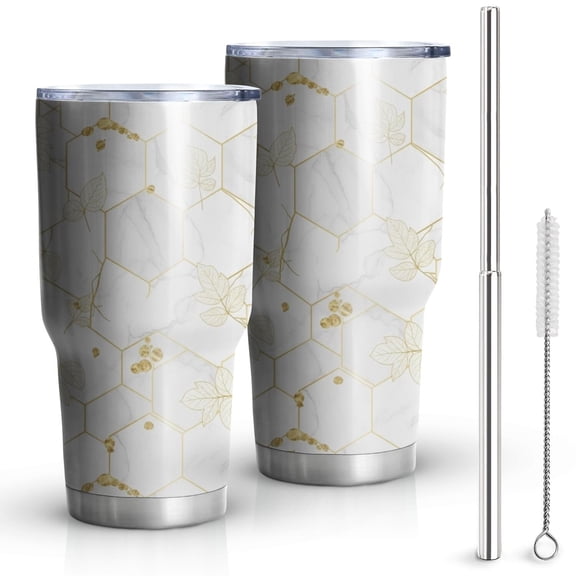 30oz White Gold Leaf Hexagon Marble Pattern Tumblers Stainless Steel Tumbler with Lid and Straw,Vacuum Insulated Double Wall Travel Tumbler Cups Mug with Cleaning Brush for Coffee,Tea