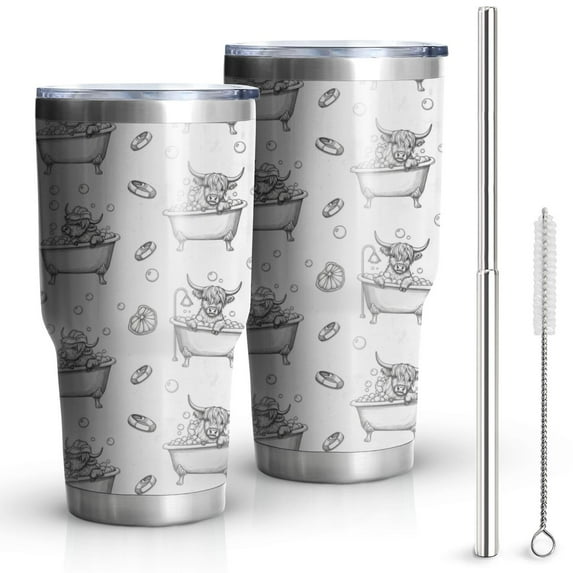 30oz White Highland Cow Bathtub Bubble Pattern Tumblers Stainless Steel Tumbler with Lid and Straw,Vacuum Insulated Double Wall Travel Tumbler Cups Mug with Cleaning Brush for Coffee,Tea