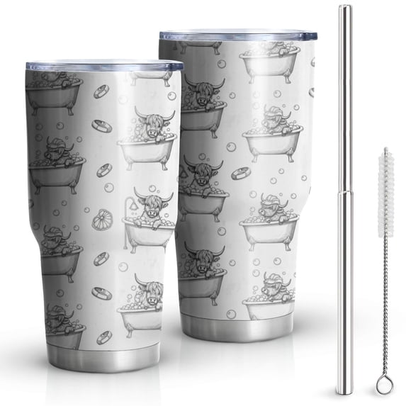 30oz White Highland Cow Bathtub Bubble Pattern Tumblers Stainless Steel Tumbler with Lid and Straw,Vacuum Insulated Double Wall Travel Tumbler Cups Mug with Cleaning Brush for Coffee,Tea