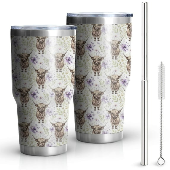 30oz White Highland Cow Flower Pattern Tumblers Stainless Steel Tumbler with Lid and Straw,Vacuum Insulated Double Wall Travel Tumbler Cups Mug with Cleaning Brush for Coffee,Tea
