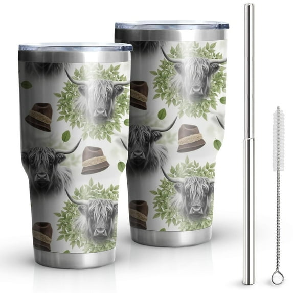 30oz White Highland Cow Hat Leaf Pattern Tumblers Stainless Steel Tumbler with Lid and Straw,Vacuum Insulated Double Wall Travel Tumbler Cups Mug with Cleaning Brush for Coffee,Tea