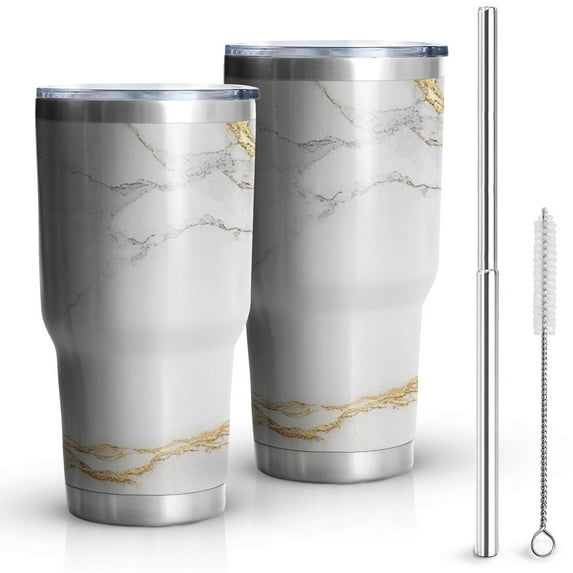 30oz White Marble Gold Line Pattern Tumblers Stainless Steel Tumbler with Lid and Straw,Vacuum Insulated Double Wall Travel Tumbler Cups Mug with Cleaning Brush for Coffee,Tea