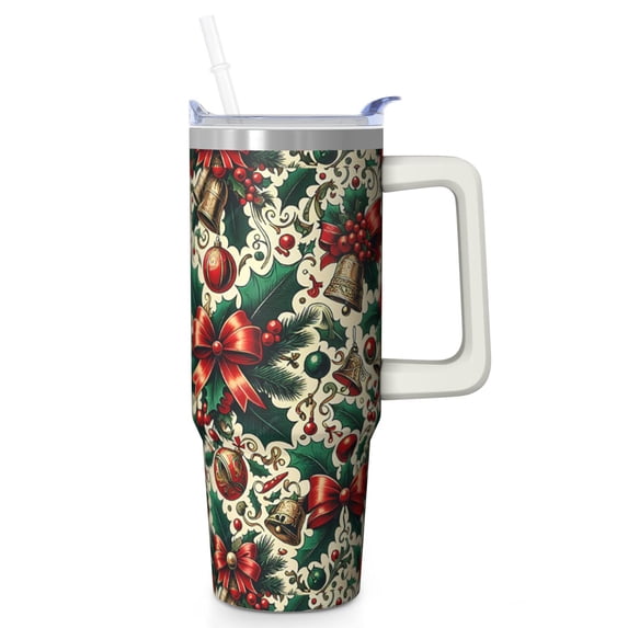 30oz Xmas Tumbler with Lid and Straw, Stainless Steel Cup with Handle Red Bowknot Travel Mug, Holiday Presents