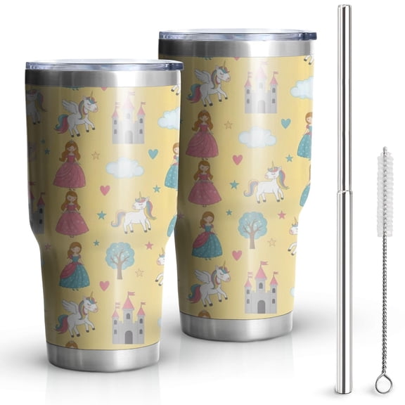 30oz Yellow Princess Castle Unicorn Pattern Tumblers Stainless Steel Tumbler with Lid and Straw,Vacuum Insulated Double Wall Travel Tumbler Cups Mug with Cleaning Brush for Coffee,Tea
