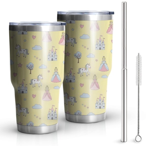 30oz Yellow Princess Unicorn Pattern Tumblers Stainless Steel Tumbler with Lid and Straw,Vacuum Insulated Double Wall Travel Tumbler Cups Mug with Cleaning Brush for Coffee,Tea