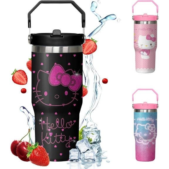 30oz hello Kitty Tumbler, Cute Cat Stainless Steel Insulated Mug with Leak Proof Lid and Straws, Kawaii Travel Coffee Cup Water Bottle, Gifts for Fans, hello-3
