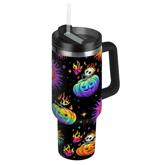 30oz insulated car cup with handle and straw suitable for all ages Stainless steel vacuum insulated cup. Halloween Pumpkin Spooky Pattern