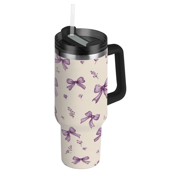 30oz insulated car cup with handle and straw suitable for all ages Stainless steel vacuum insulated cup. Pastel Lavender Bows