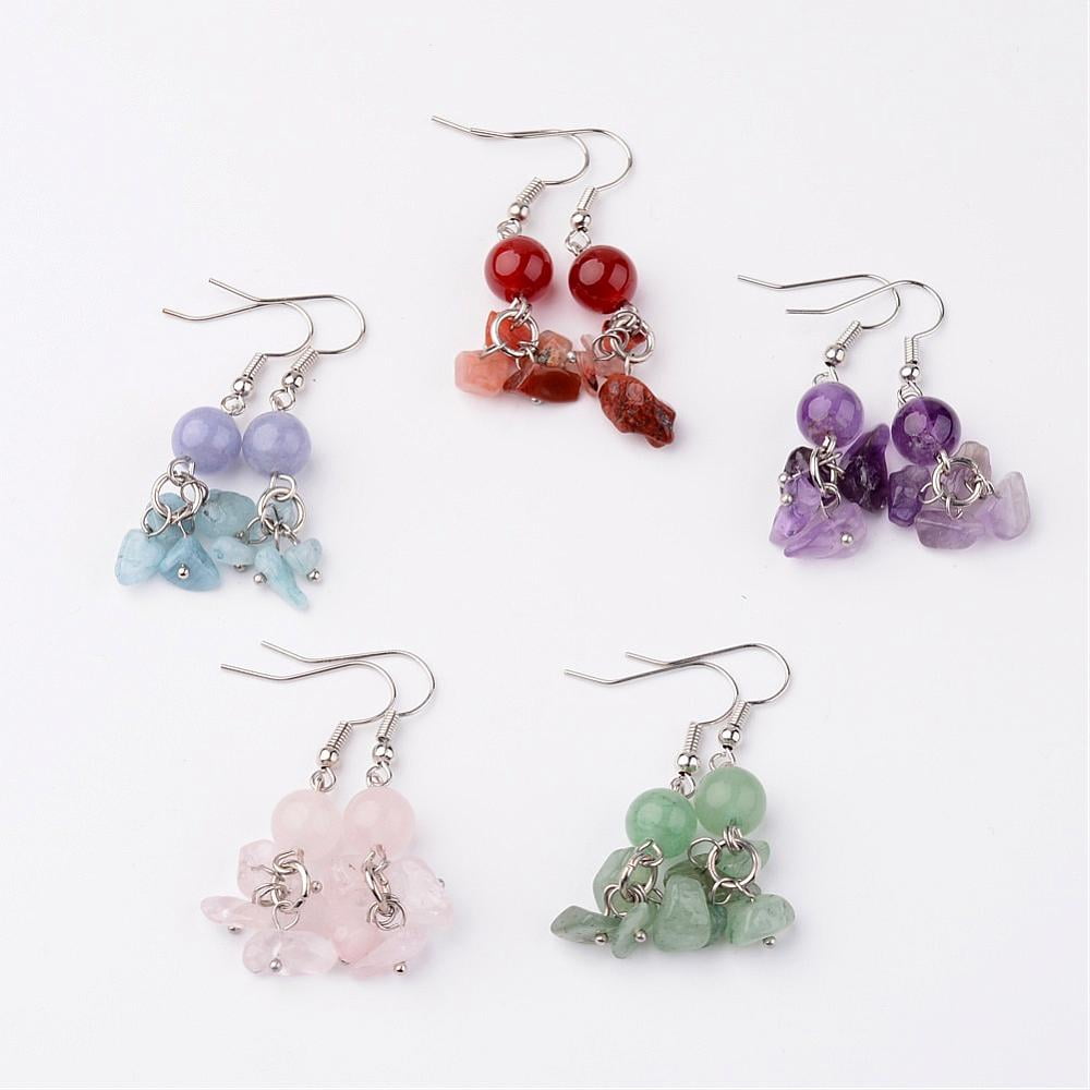 30pairs Natural Gemstone Dangle Earrings with Platinum Tone Brass Earring Hook 42mm Pin: 0.7mm