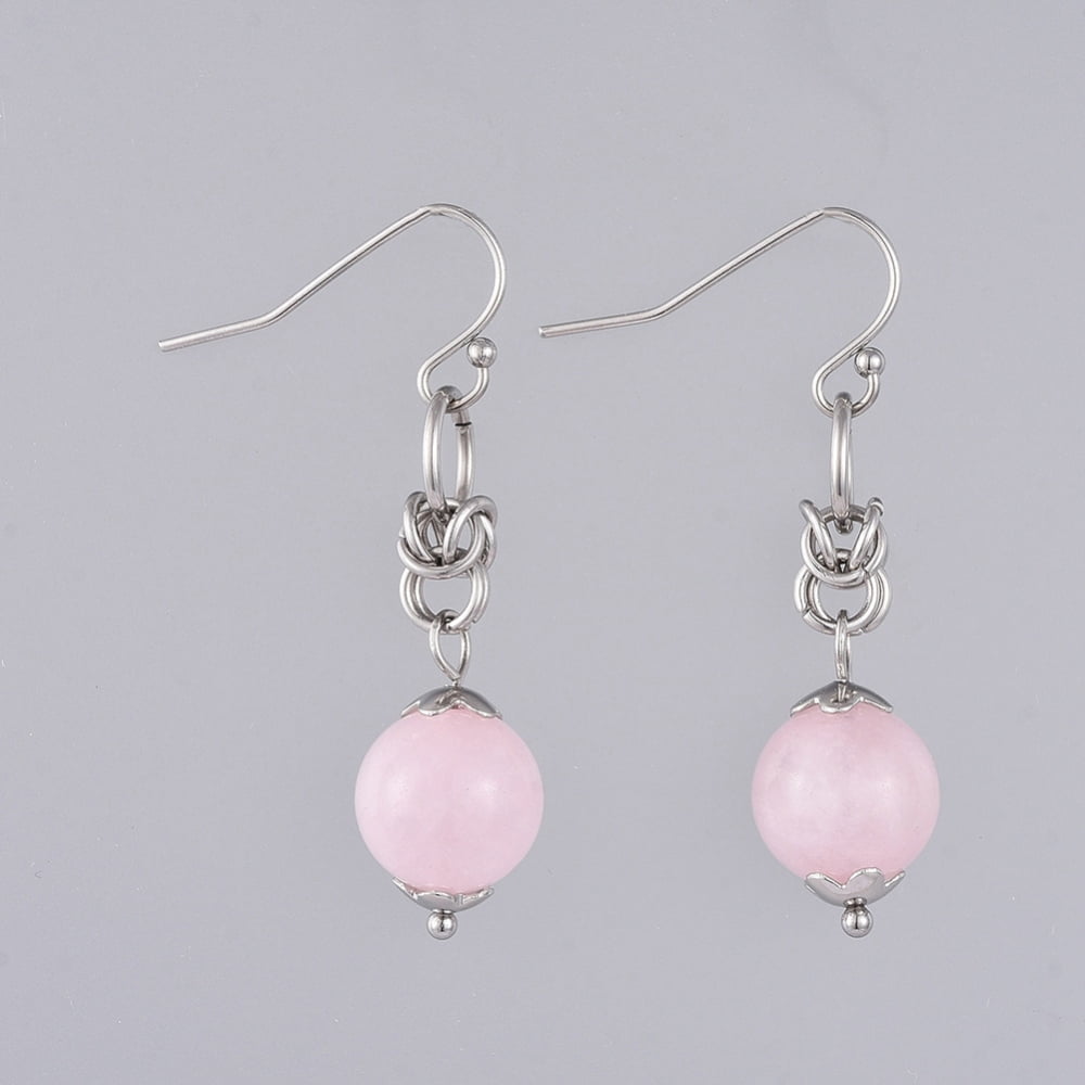 30pairs Natural Rose Quartz Dangle Earrings with 304 Stainless Steel Flower Bead Caps and 316 Surgical Stainless Steel Earring Hooks 39mm Pin: 0.6mm