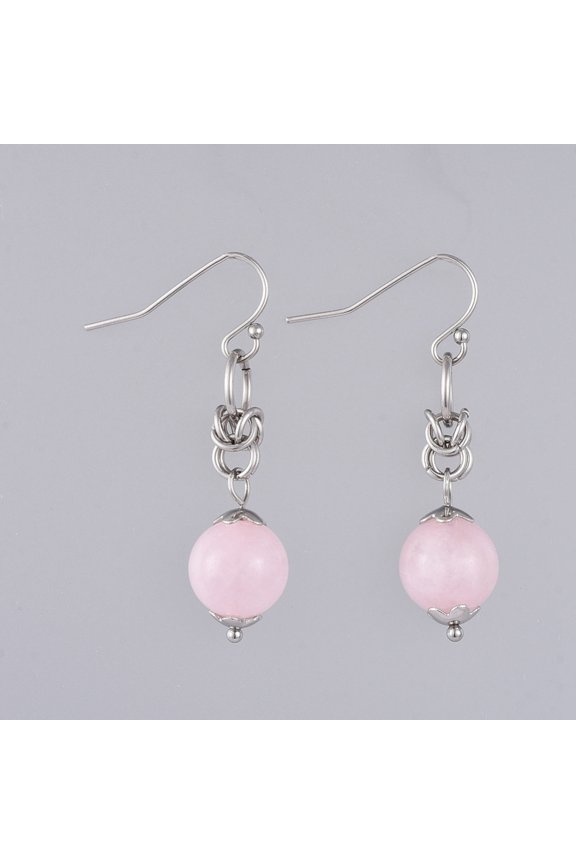 30pairs Natural Rose Quartz Dangle Earrings with 304 Stainless Steel Flower Bead Caps and 316 Surgical Stainless Steel Earring Hooks 39mm Pin: 0.6mm