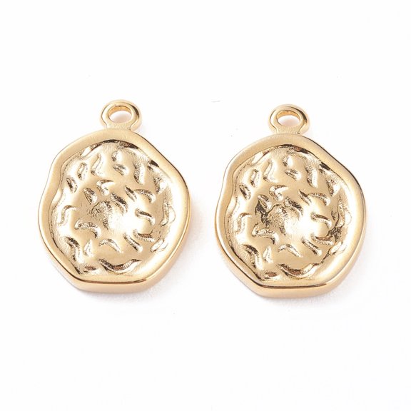 30pc 304 Stainless Steel Pendants Textured Irregularity Flat Round Golden 17.5x13x2.5mm Hole: 1.4mm