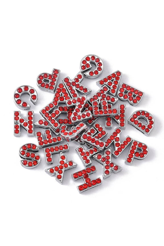 30pc Alloy Rhinestone Slide Charms Alphabet Cadmium Free & Lead Free Light Siam Platinum Random Mixed Letters 12mm