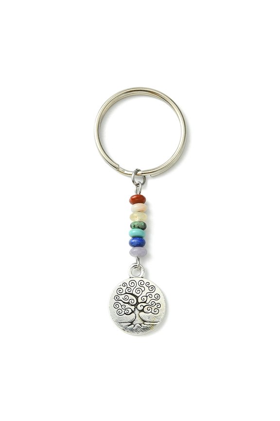 30pc Alloy Tree of Life Pendant Keychain with Chakra Gemstone Bead and Iron Split Key Rings Flat Round 6.6cm Pendant: 19x15x1.5mm