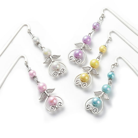 30pc Angel Hook Bookmarks AB Color Acrylic Round Beaded Bookmarks Alloy Heart with Wing Pendants Book Marker Mixed Color 84mm DIY