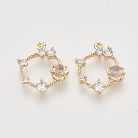 30pc Brass Cubic Zirconia Pendants Nickel Free Ring Real 18K Gold Plated Clear 16.5x14x3.5mm Hole: 1mm